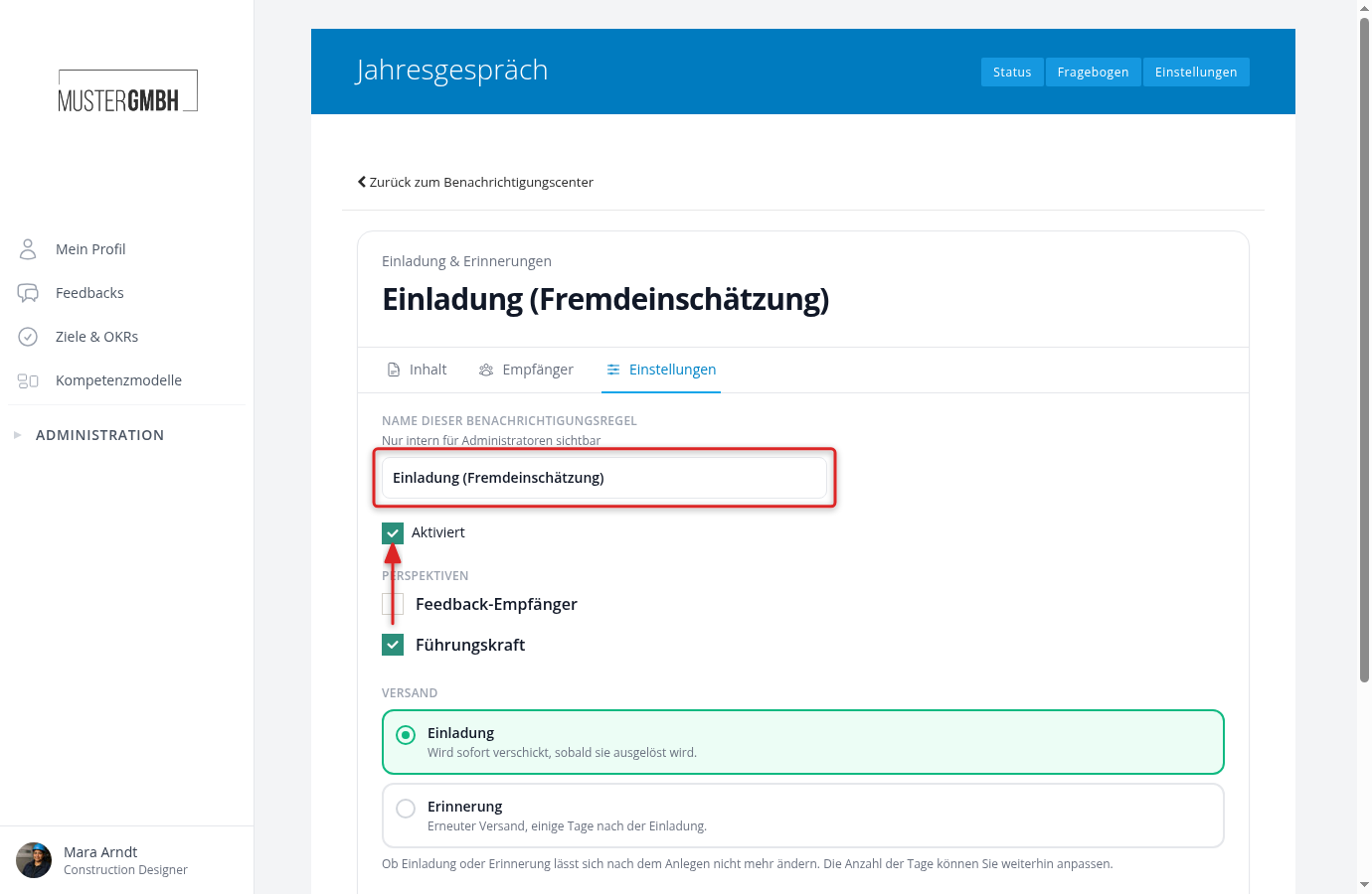 Einstellungen-Tab mit Name, Aktiviert-Schalter, Perspektiven und Versand