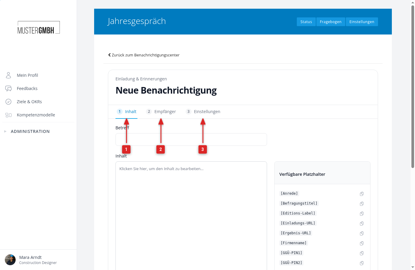 Neue Benachrichtigung mit den drei Schritten Inhalt (1), Empfänger (2) und Einstellungen (3)