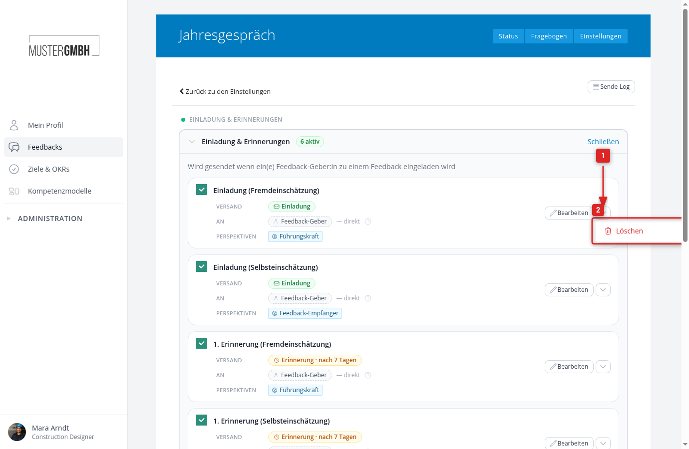 Ausklappmenü einer Regelzeile mit dem Eintrag Löschen