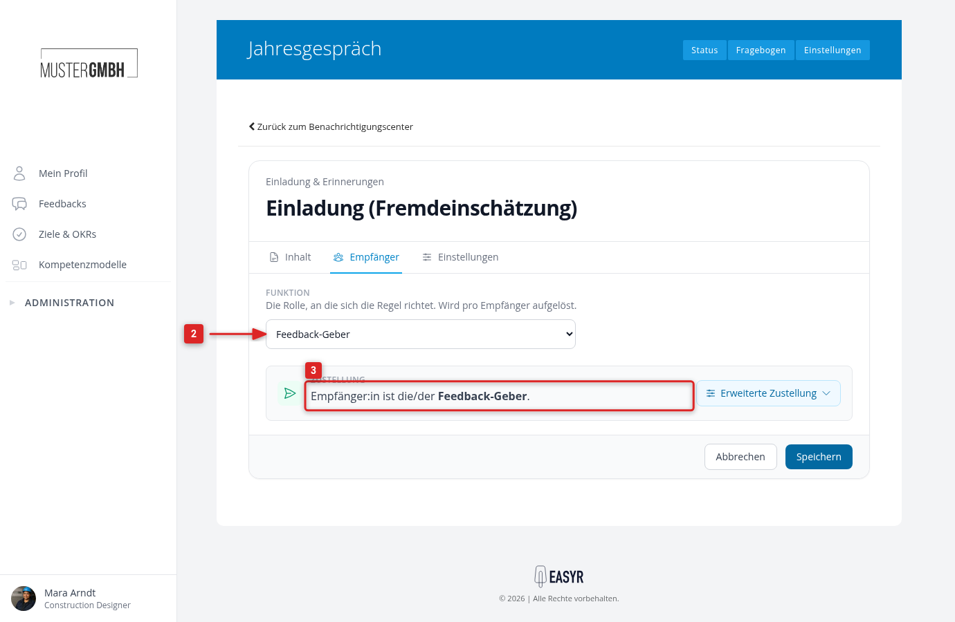 Empfänger-Tab mit Funktion-Auswahl und dem Ergebnissatz unter Zustellung