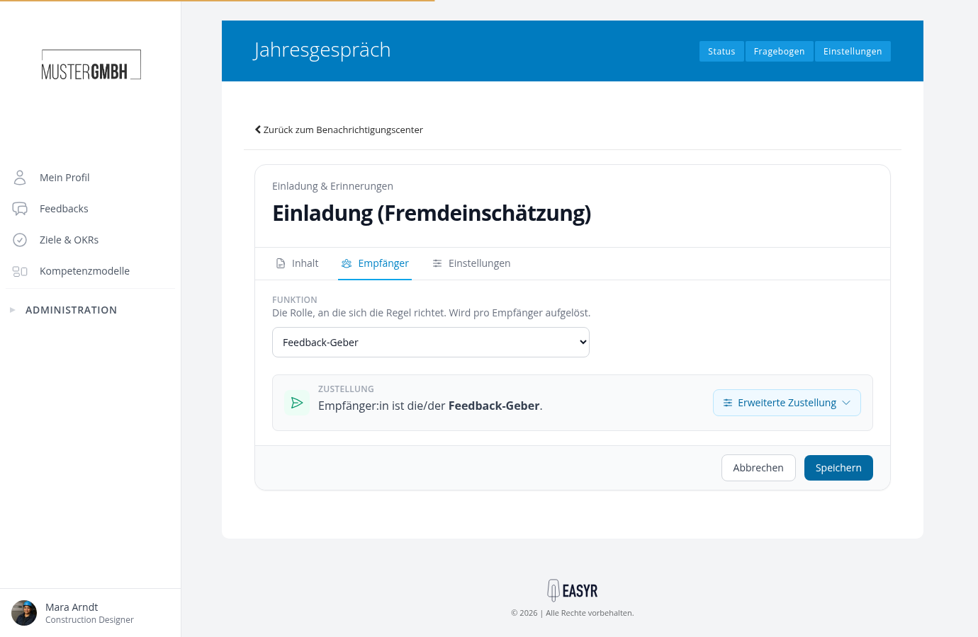 Empfänger-Tab mit Funktion-Auswahl und Ergebnissatz der Zustellung