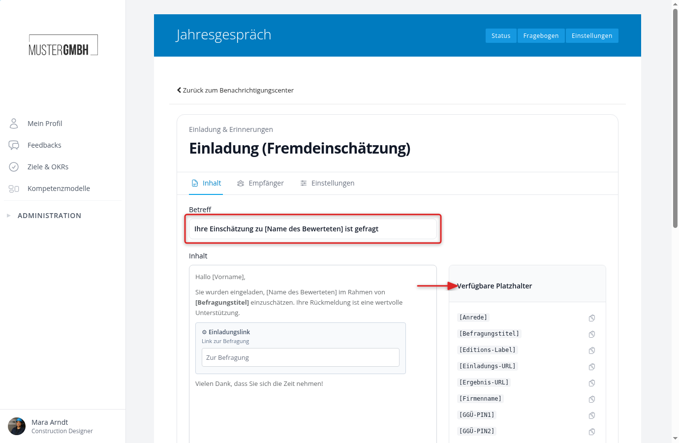 Inhalt-Tab mit Betreff, Texteditor und der Seitenleiste Verfügbare Platzhalter