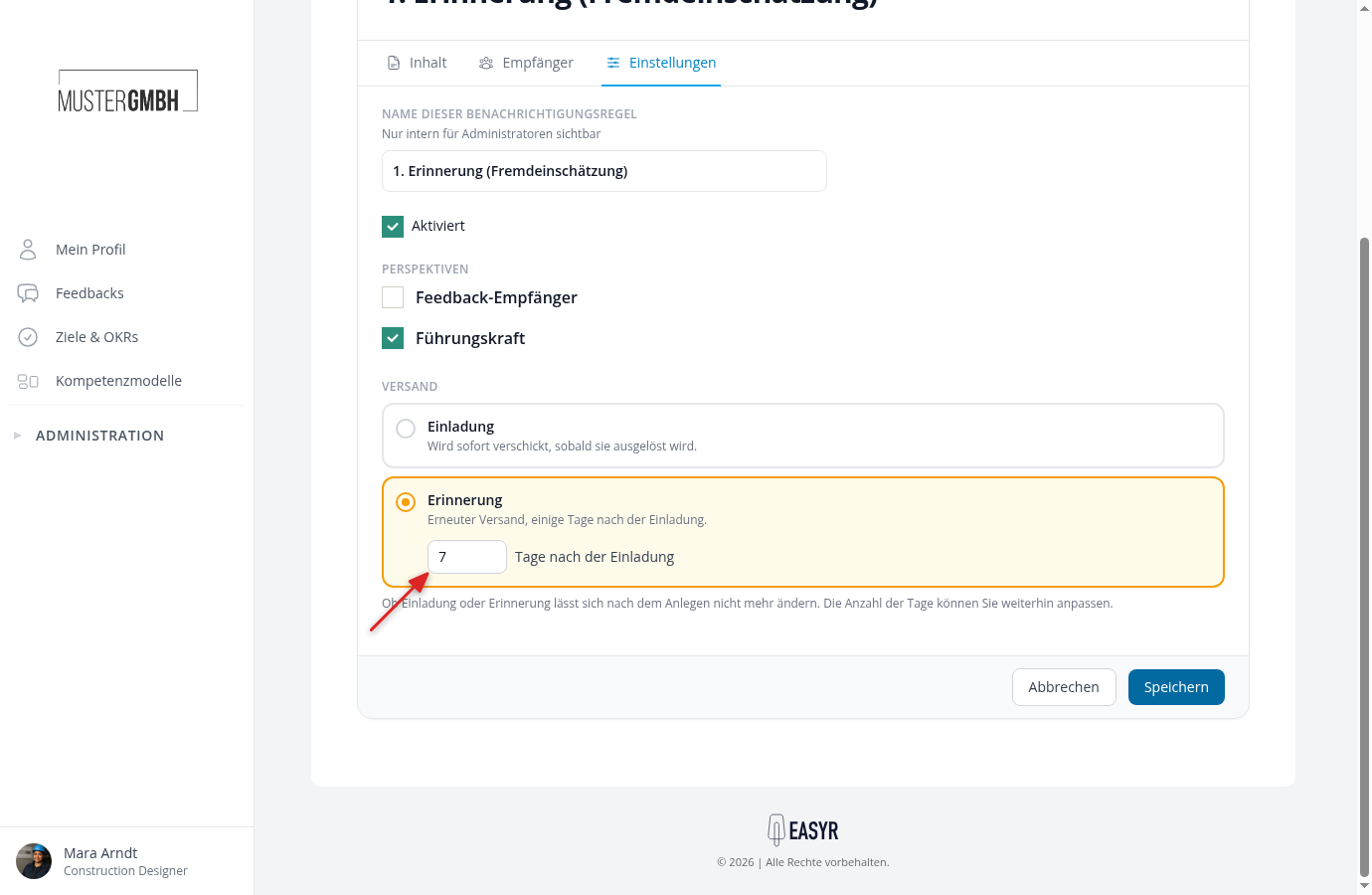 Versand-Bereich einer Erinnerungsregel mit dem Feld 7 Tage nach der Einladung
