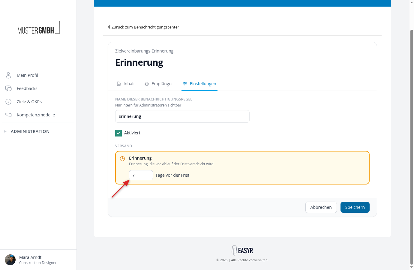 Versand-Bereich der Zielvereinbarungs-Erinnerung mit dem Feld 7 Tage vor der Frist