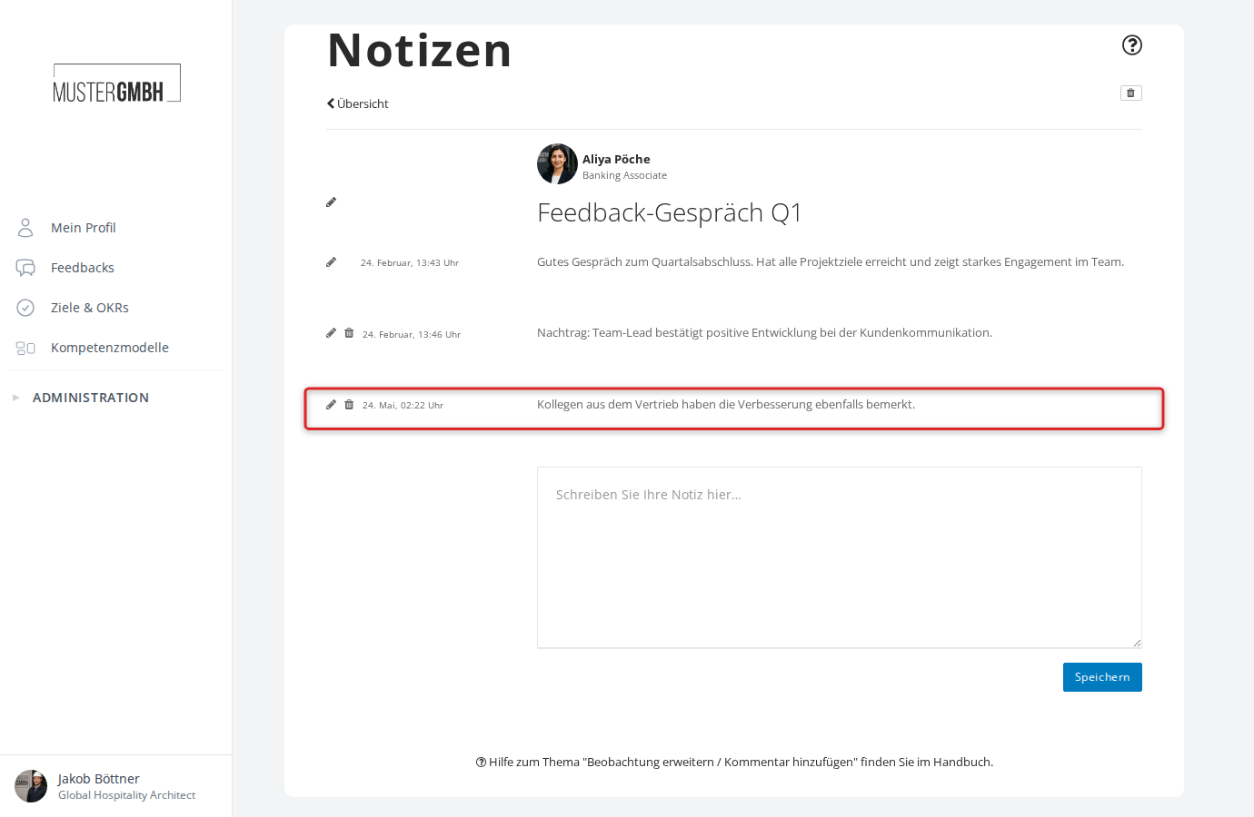 Screenshot: Gespeicherter Kommentar in der Detailansicht