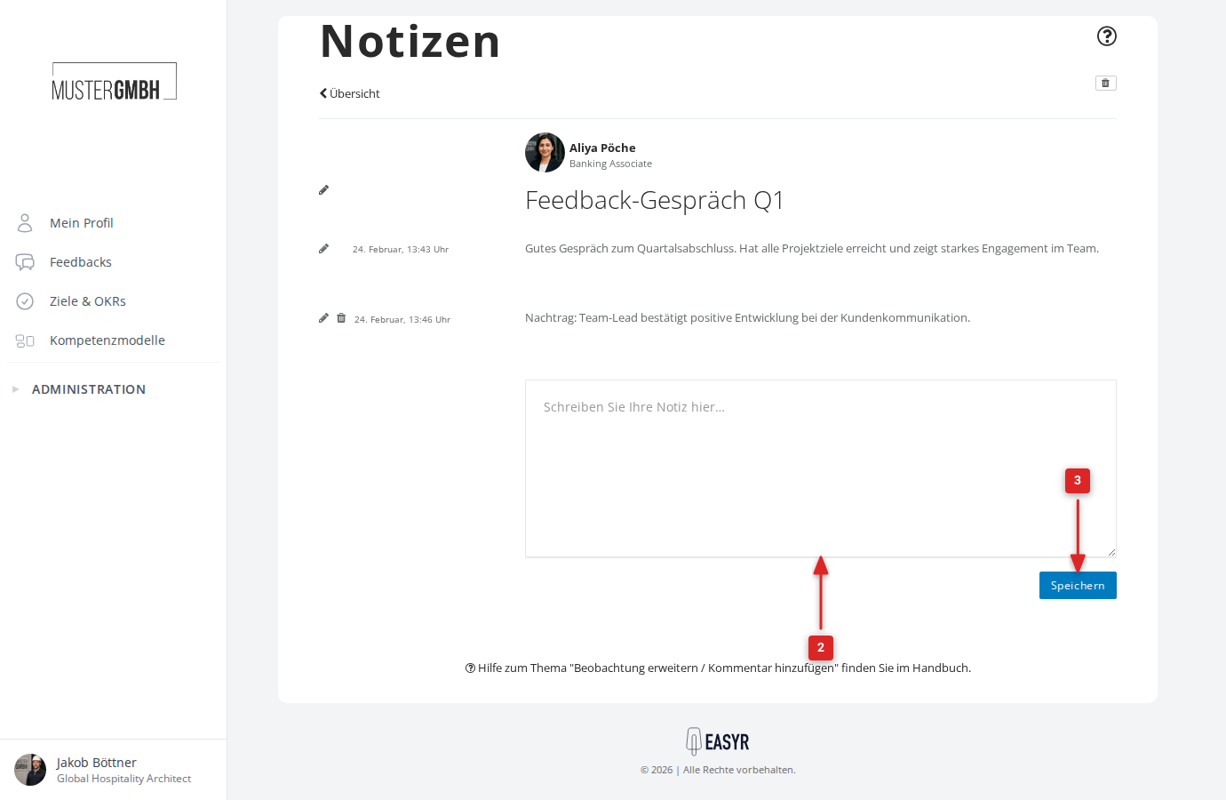 Screenshot: Kommentar in das Textfeld eingeben und speichern