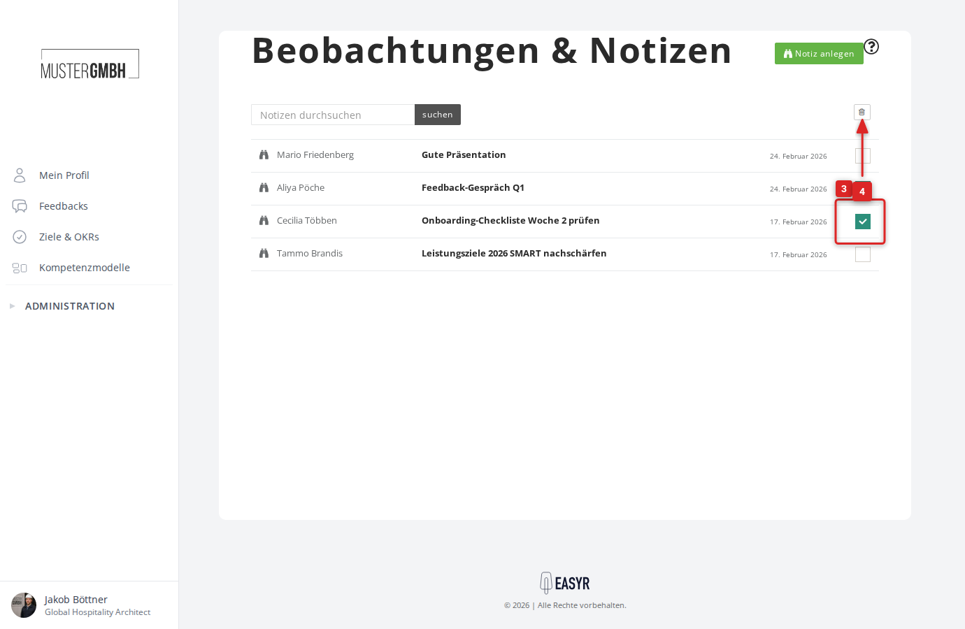 Beobachtungen auswählen und Mülltonne klicken