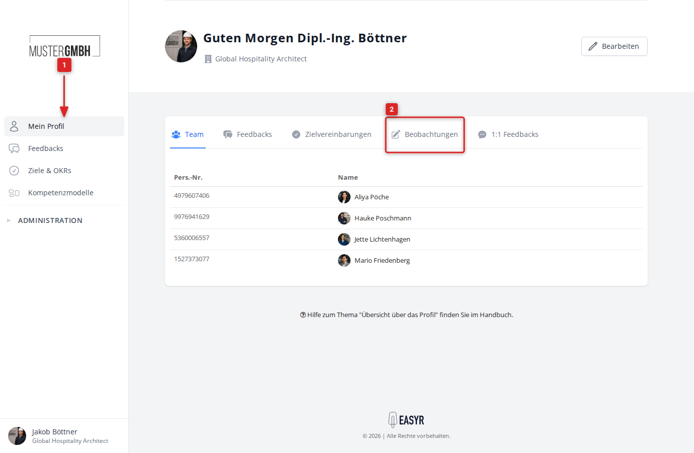 Profil mit Beobachtungen-Tab