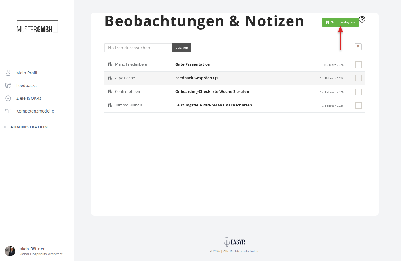 Übersicht der Beobachtungen mit der Schaltfläche "Notiz anlegen"