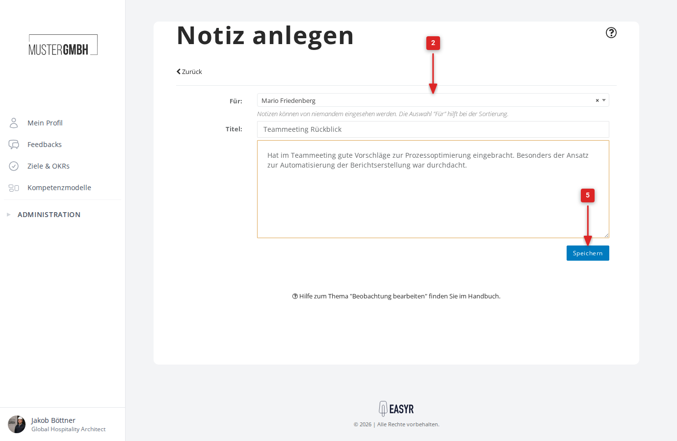 Ausgefülltes Formular mit Titel und Notiztext