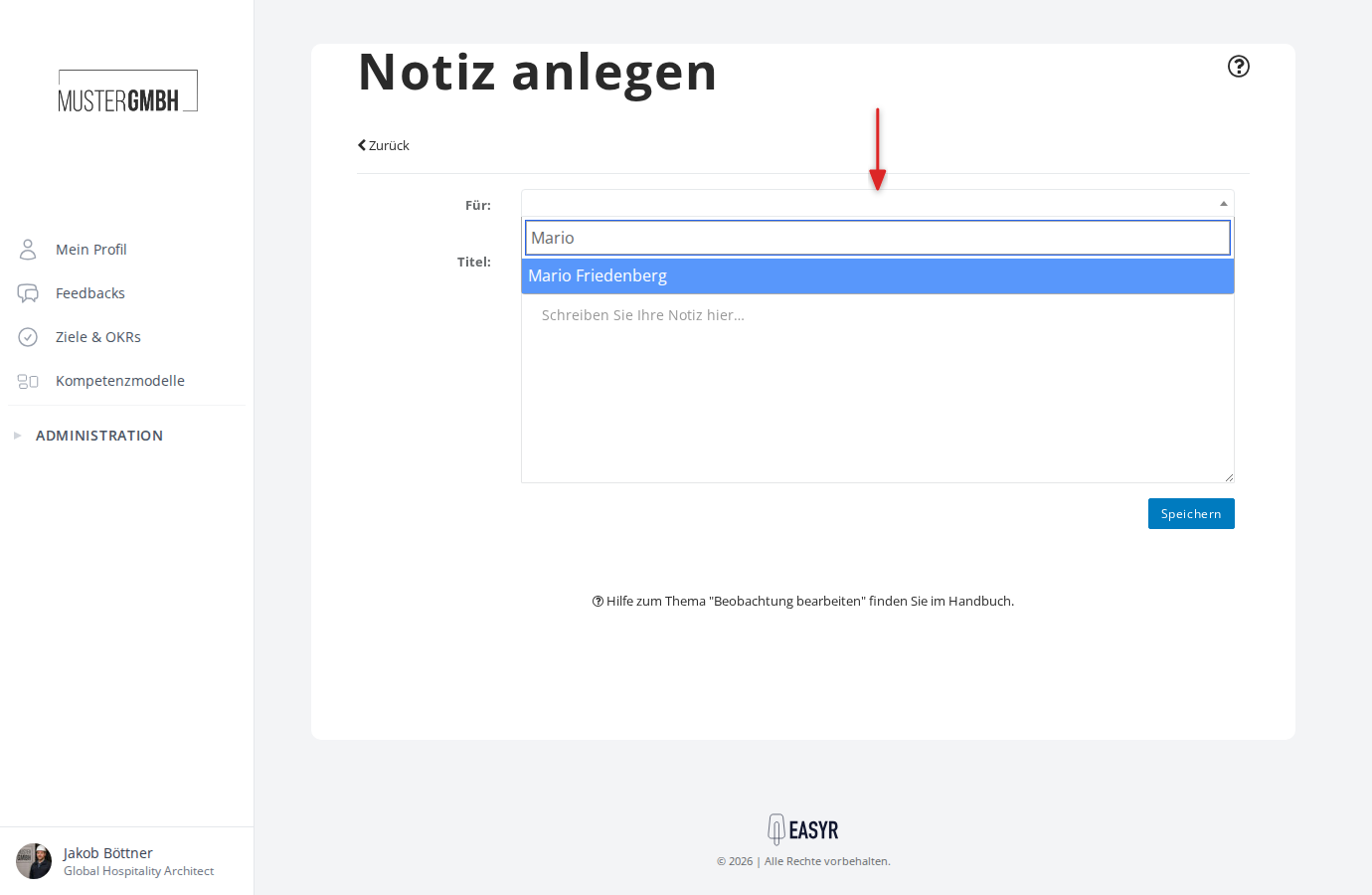 Formular "Notiz anlegen" mit dem Feld "Für:"