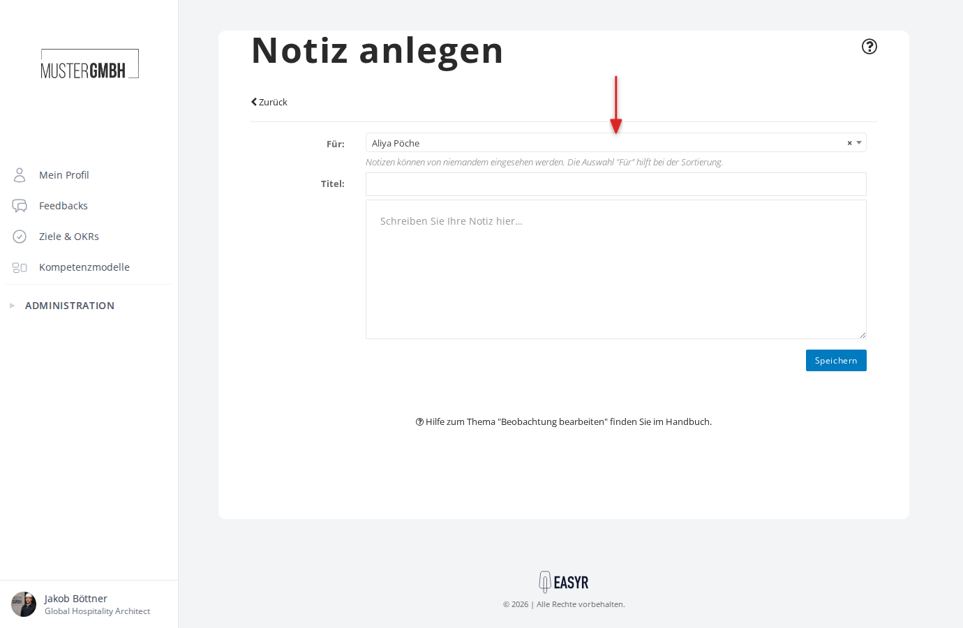 Notiz anlegen über das Profil eines Mitarbeitenden