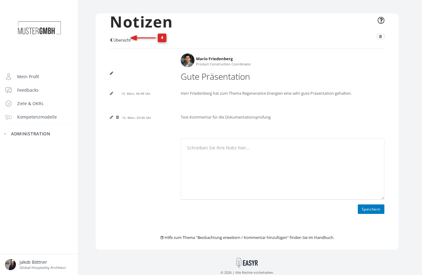 Übersicht-Link in der Detailansicht einer Notiz