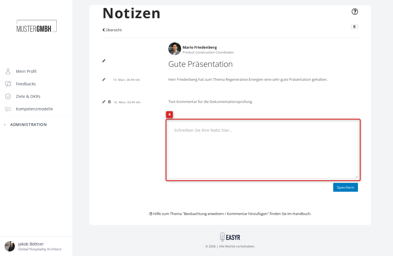 Detailansicht einer Beobachtung mit Kommentarfeld
