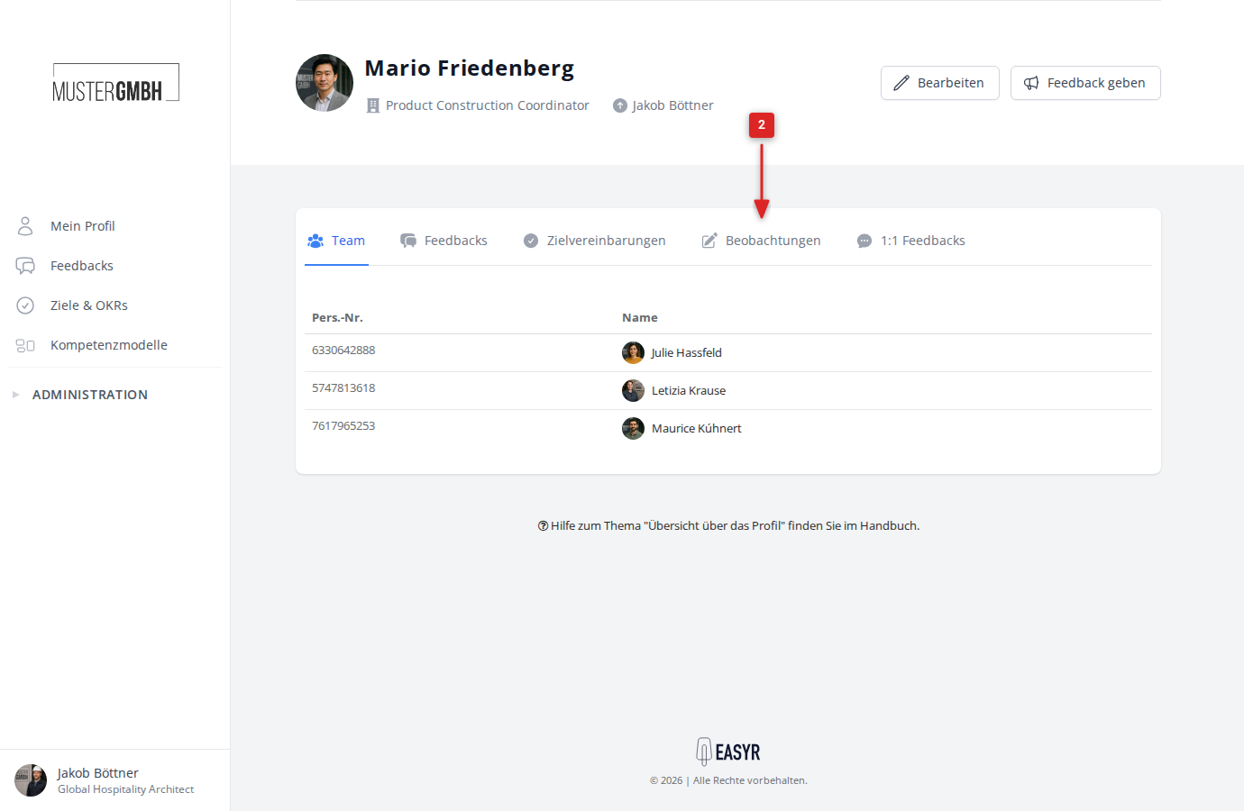 Mitarbeiterprofil mit markiertem Reiter Beobachtungen