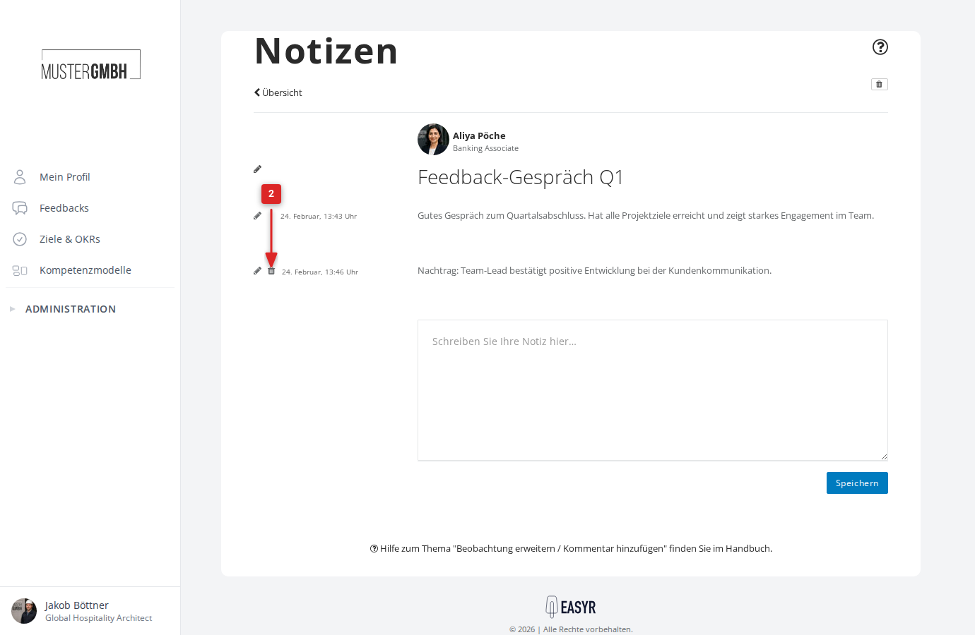 Papierkorb-Symbol neben einem Kommentar in der Detailansicht