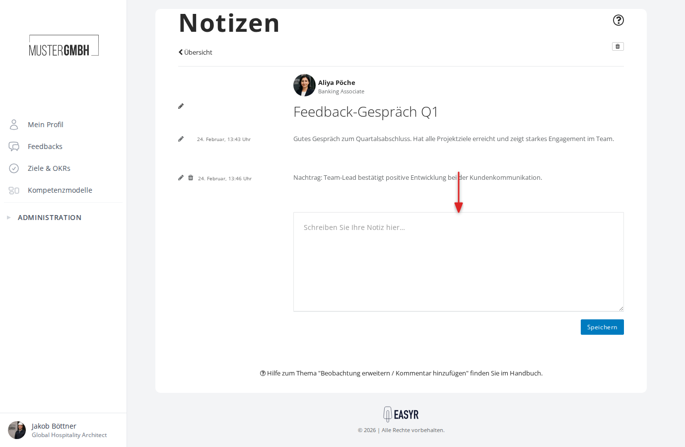 Detailansicht einer Notiz mit Kommentar