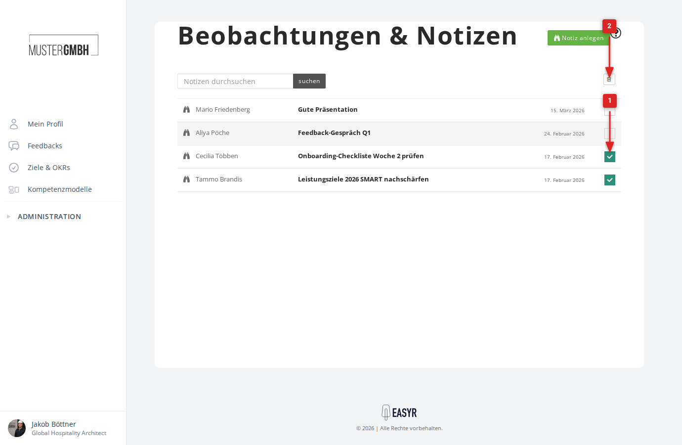 Checkboxen zum Auswählen mehrerer Notizen