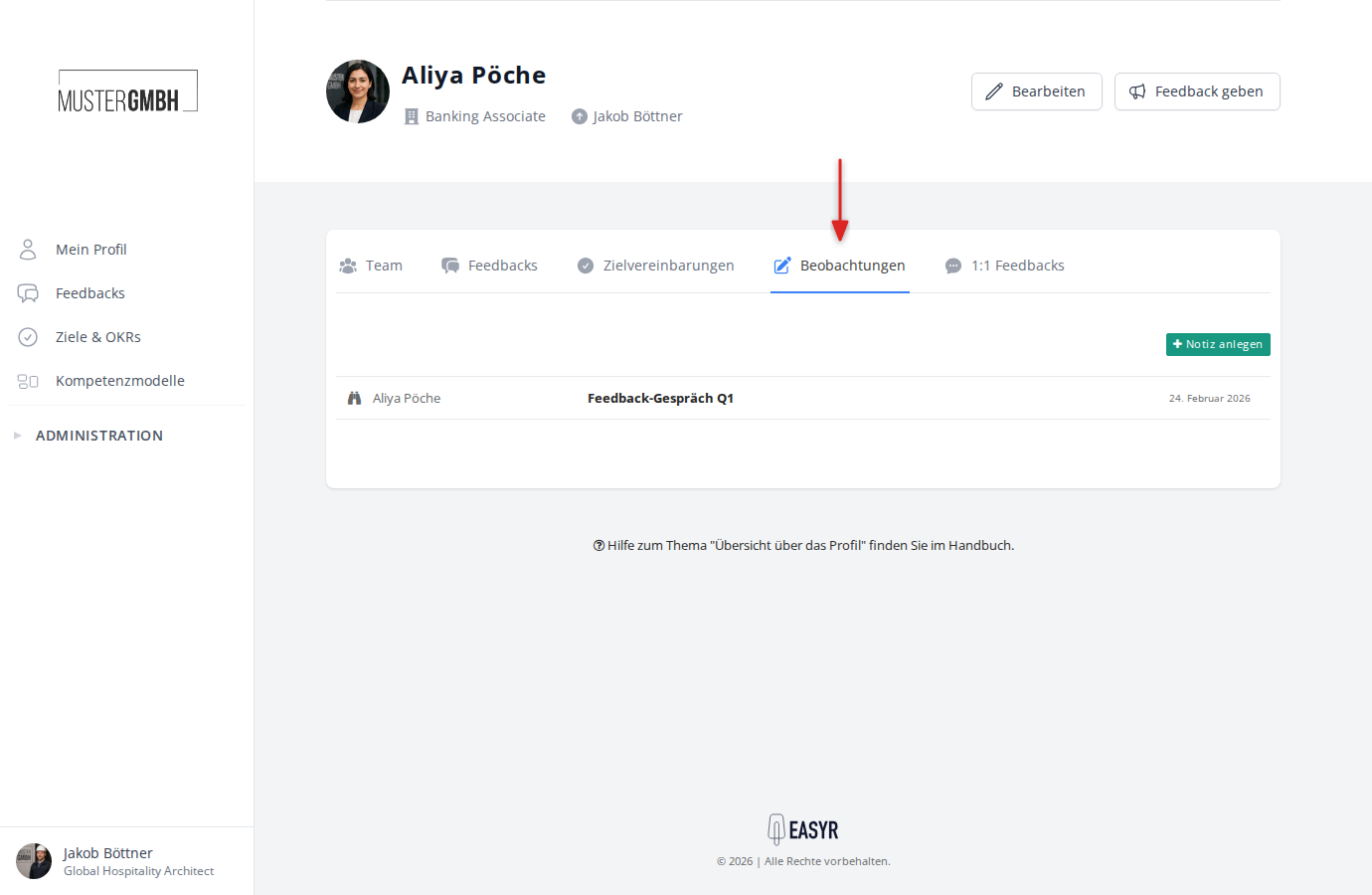 Tab "Beobachtungen" im Mitarbeiterprofil