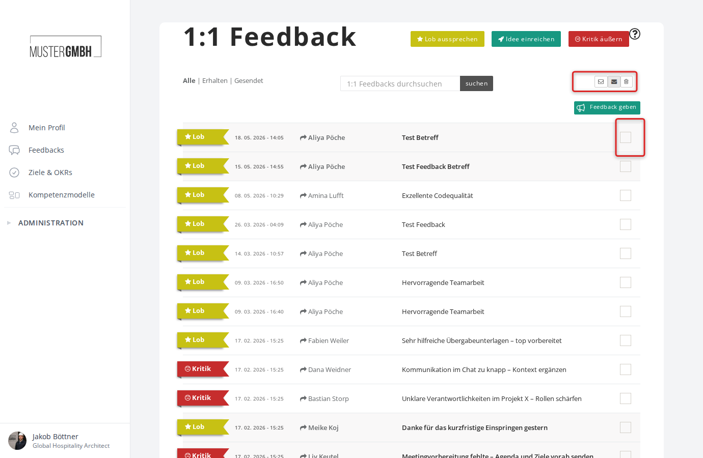 Übersicht der 1:1 Feedback-Seite mit Feedbackliste