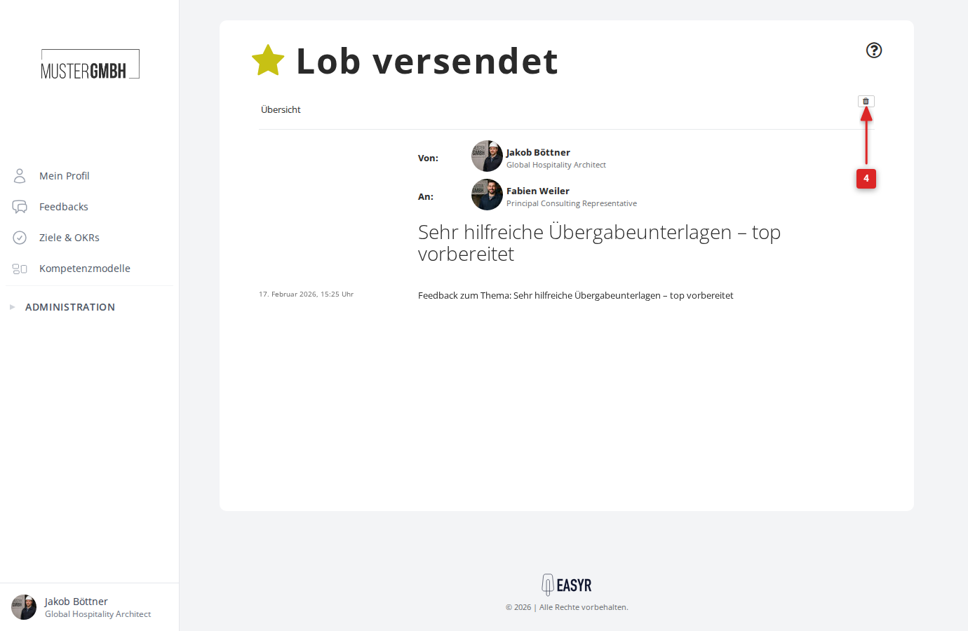 Mülleimer-Symbol in der Detailansicht eines 1:1 Feedbacks