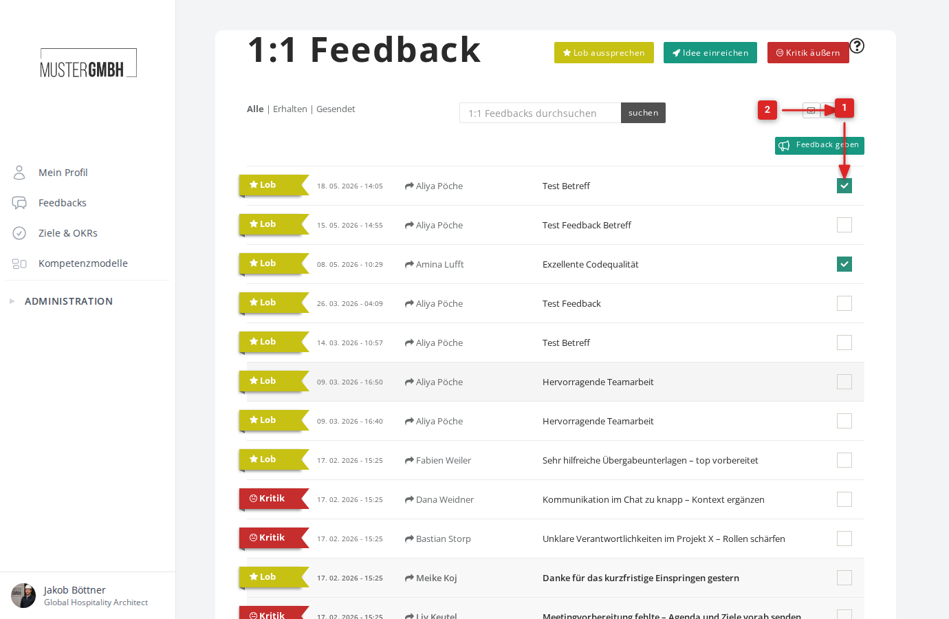 1:1 Feedback-Liste mit ausgewählten Einträgen und Mülleimer-Symbol