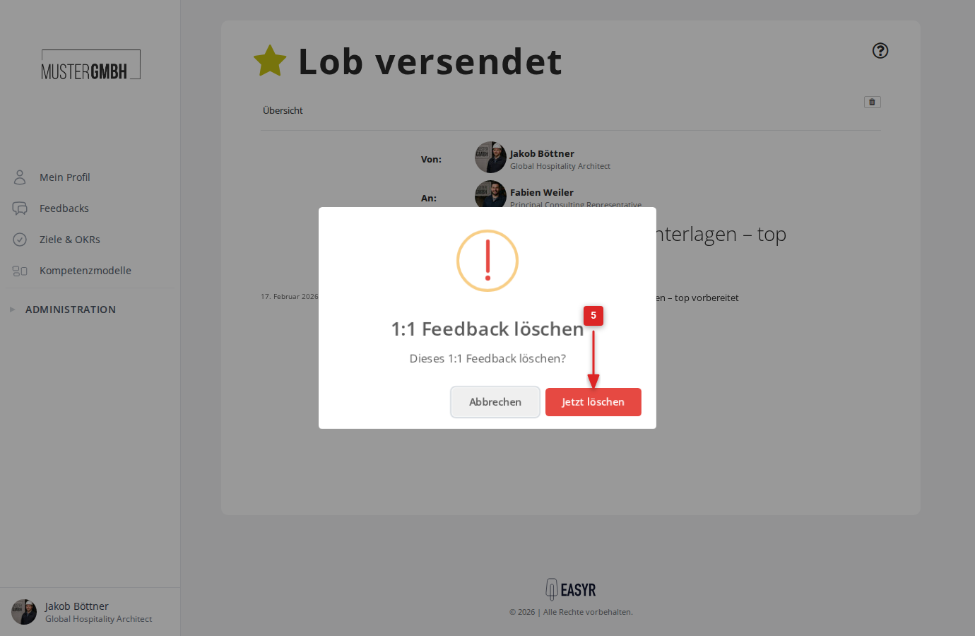 Bestätigungsdialog zum Löschen eines einzelnen 1:1 Feedbacks