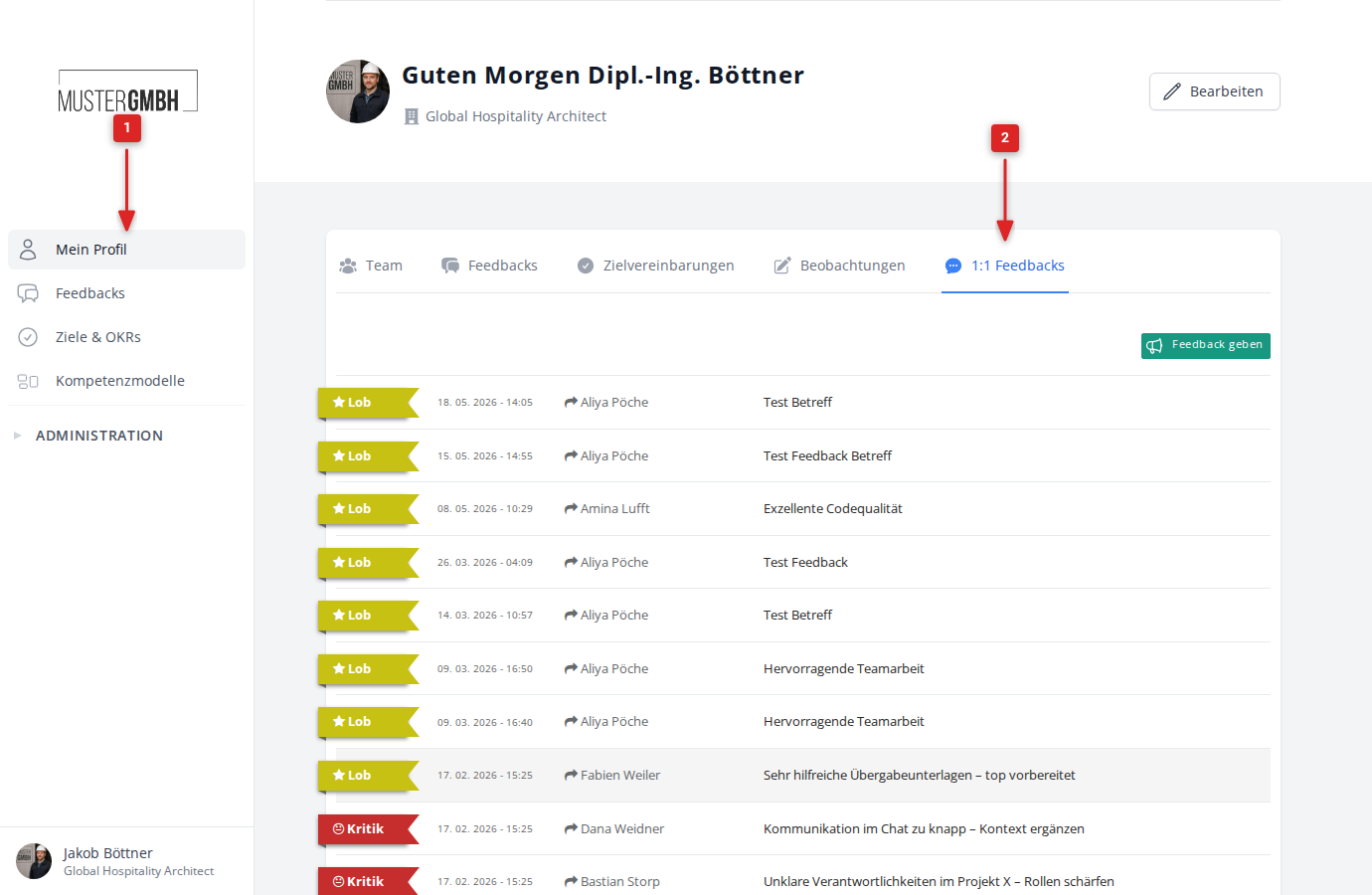 Navigation zum Tab 1:1 Feedbacks im Profil
