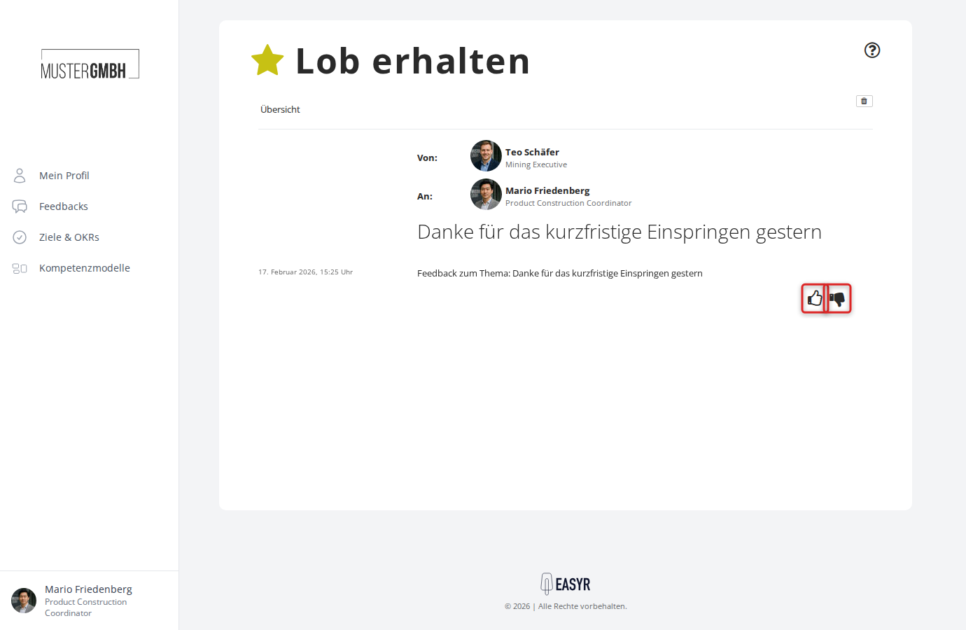 Detailansicht eines erhaltenen 1:1 Feedbacks mit Bewertungsmöglichkeit