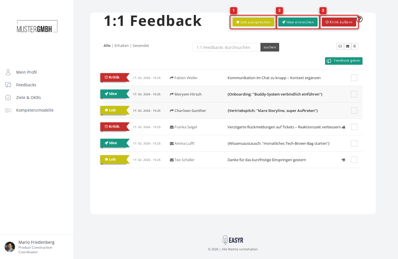 Übersicht der 1:1 Feedback-Seite mit den drei Feedback-Arten