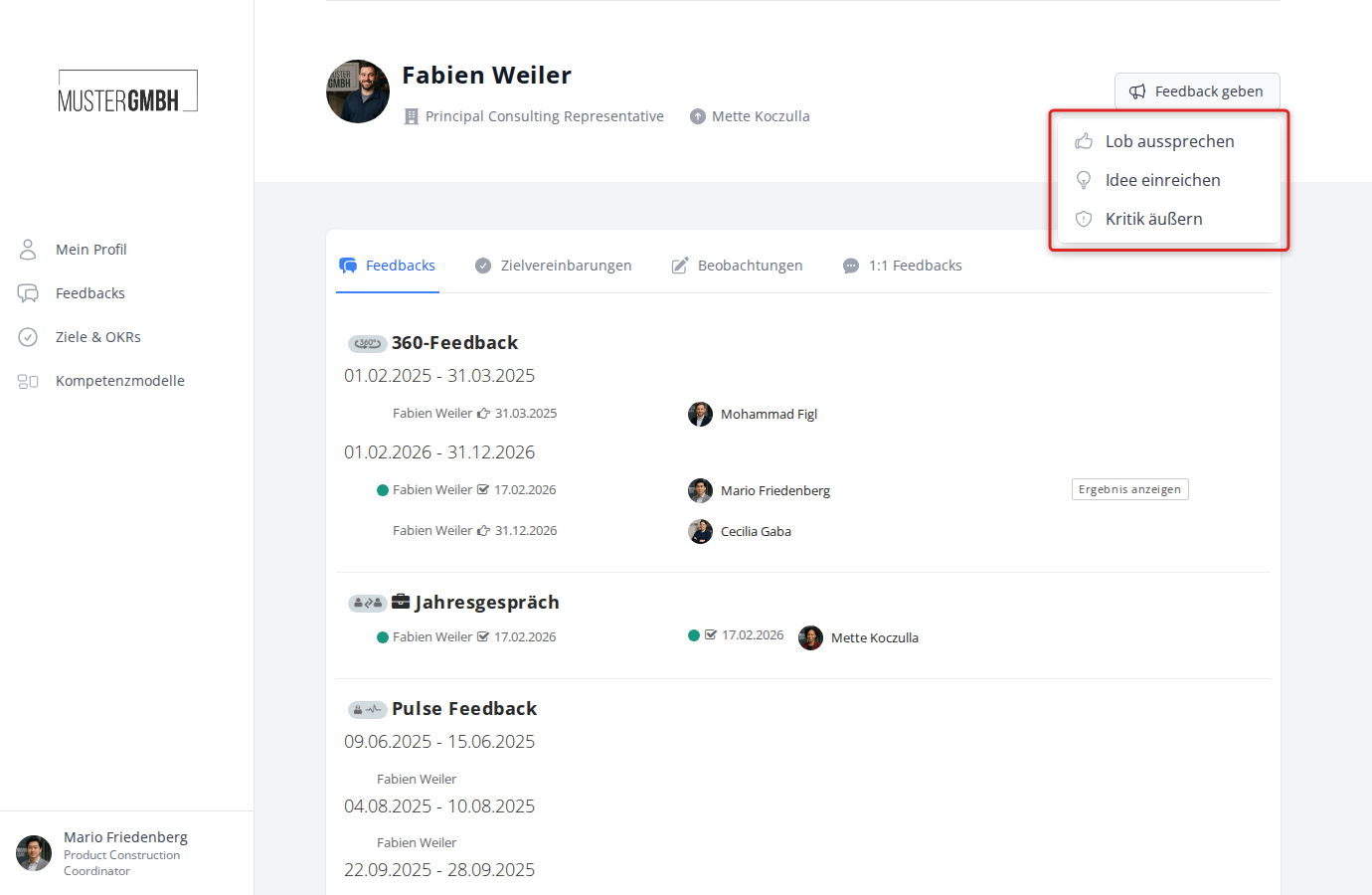 Feedback-geben-Menü im Profil eines Kollegen