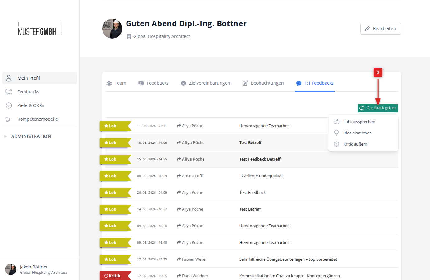 1:1-Feedback-Übersicht mit Dropdown