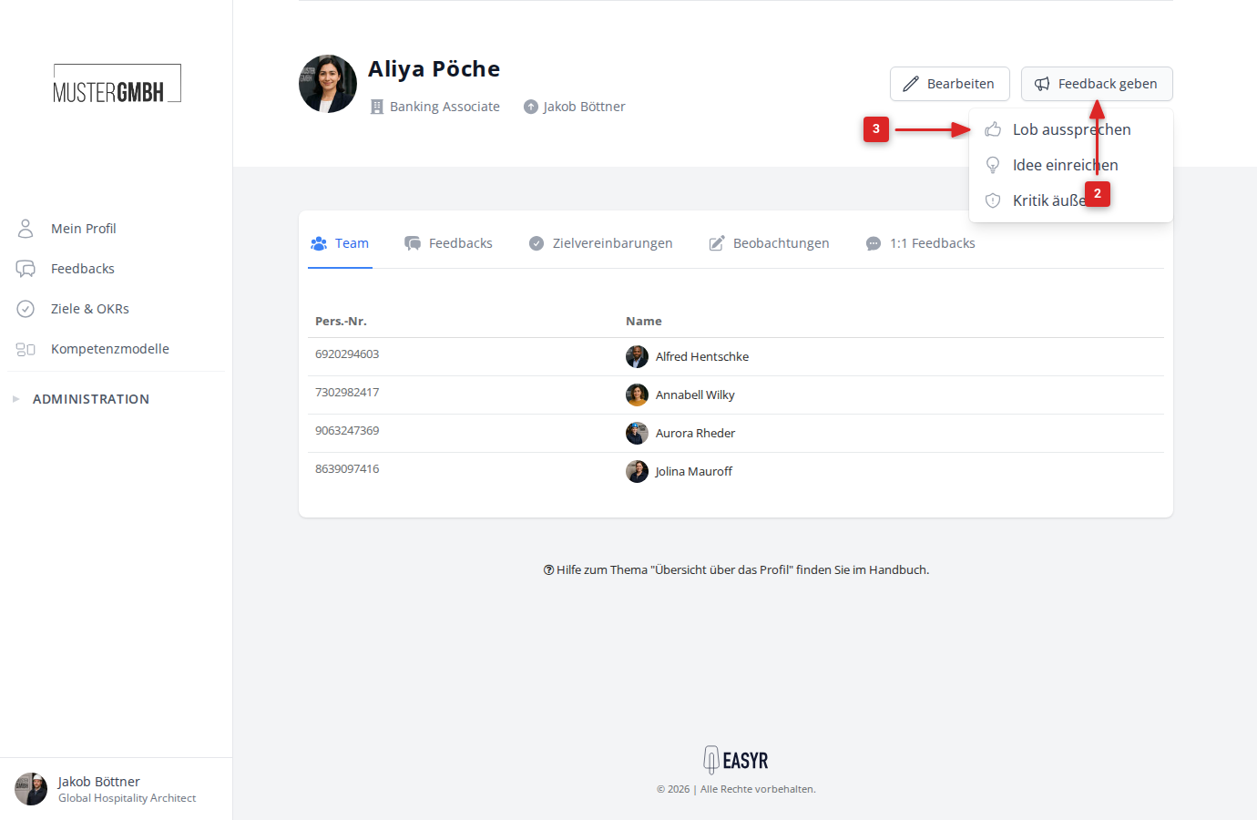 Profil mit geöffnetem Feedback-Dropdown