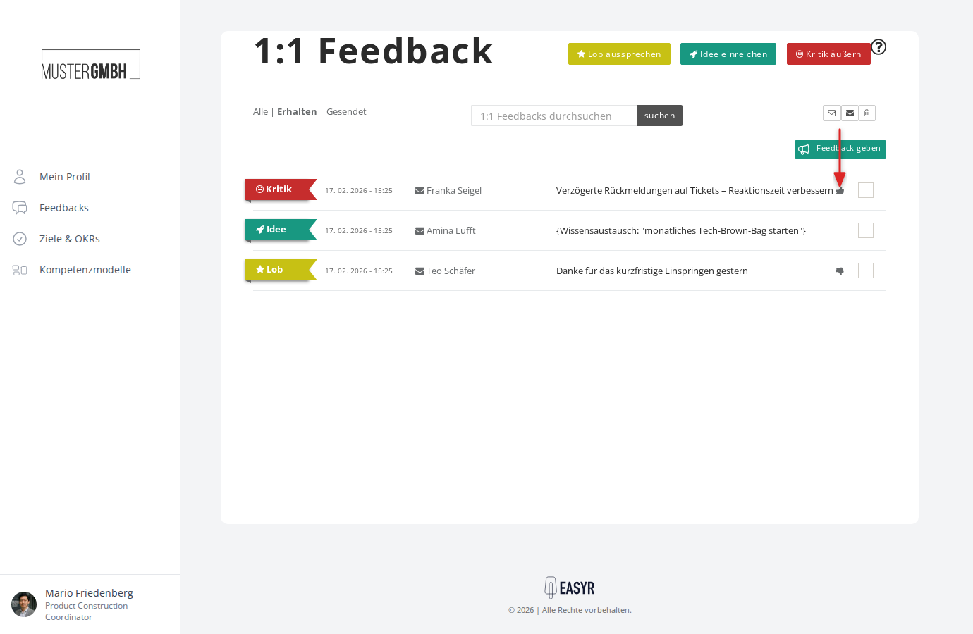 Daumen-Hoch-Symbol in der Feedback-Übersicht
