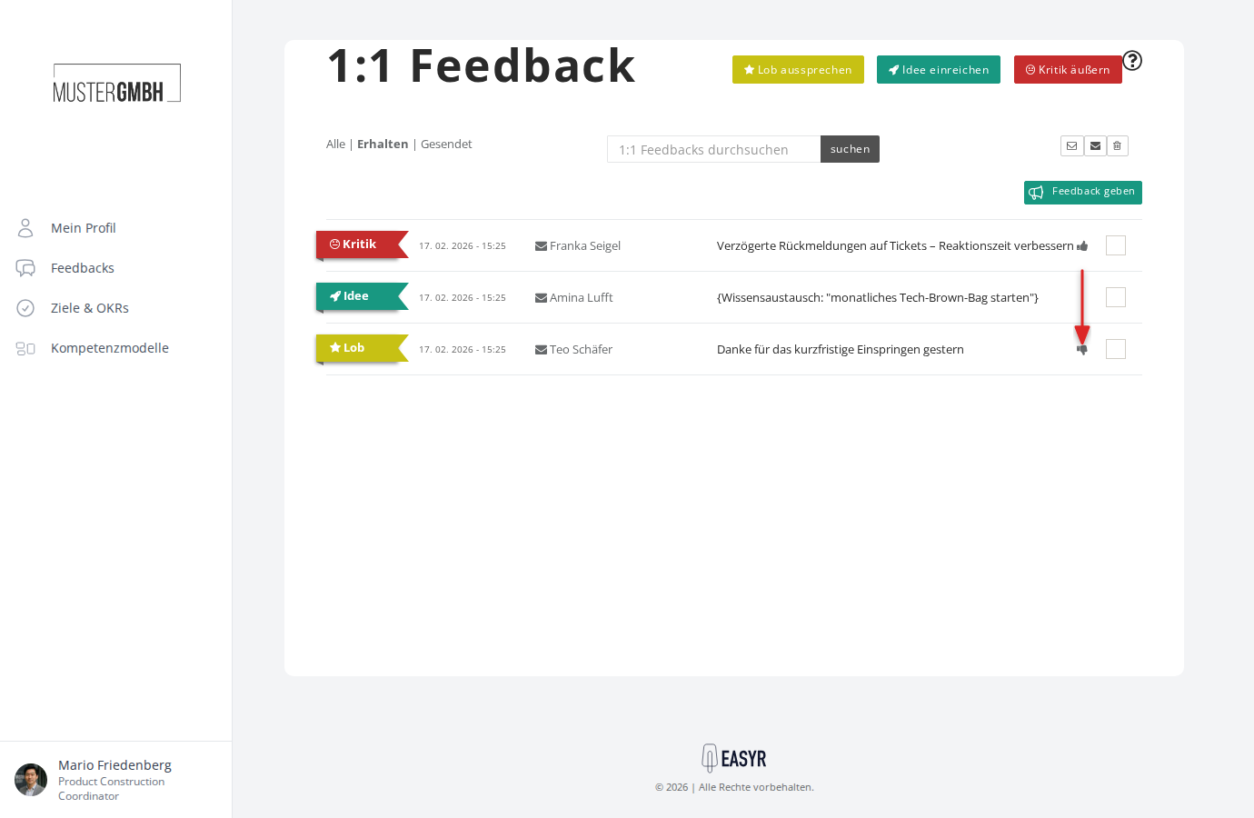 Daumen-Runter-Symbol in der Feedback-Übersicht