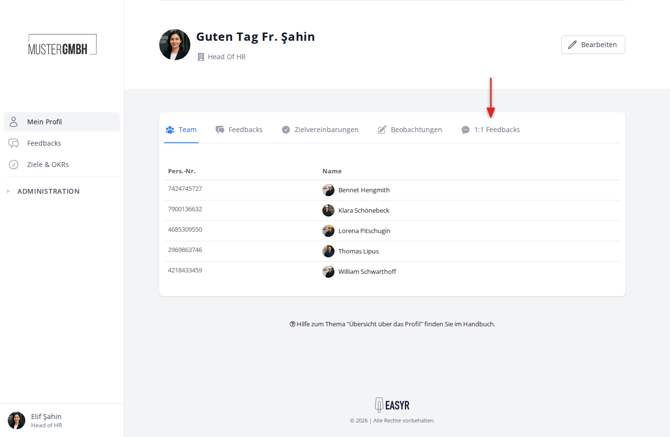 Profil-Seite mit markiertem Tab "1:1 Feedbacks"