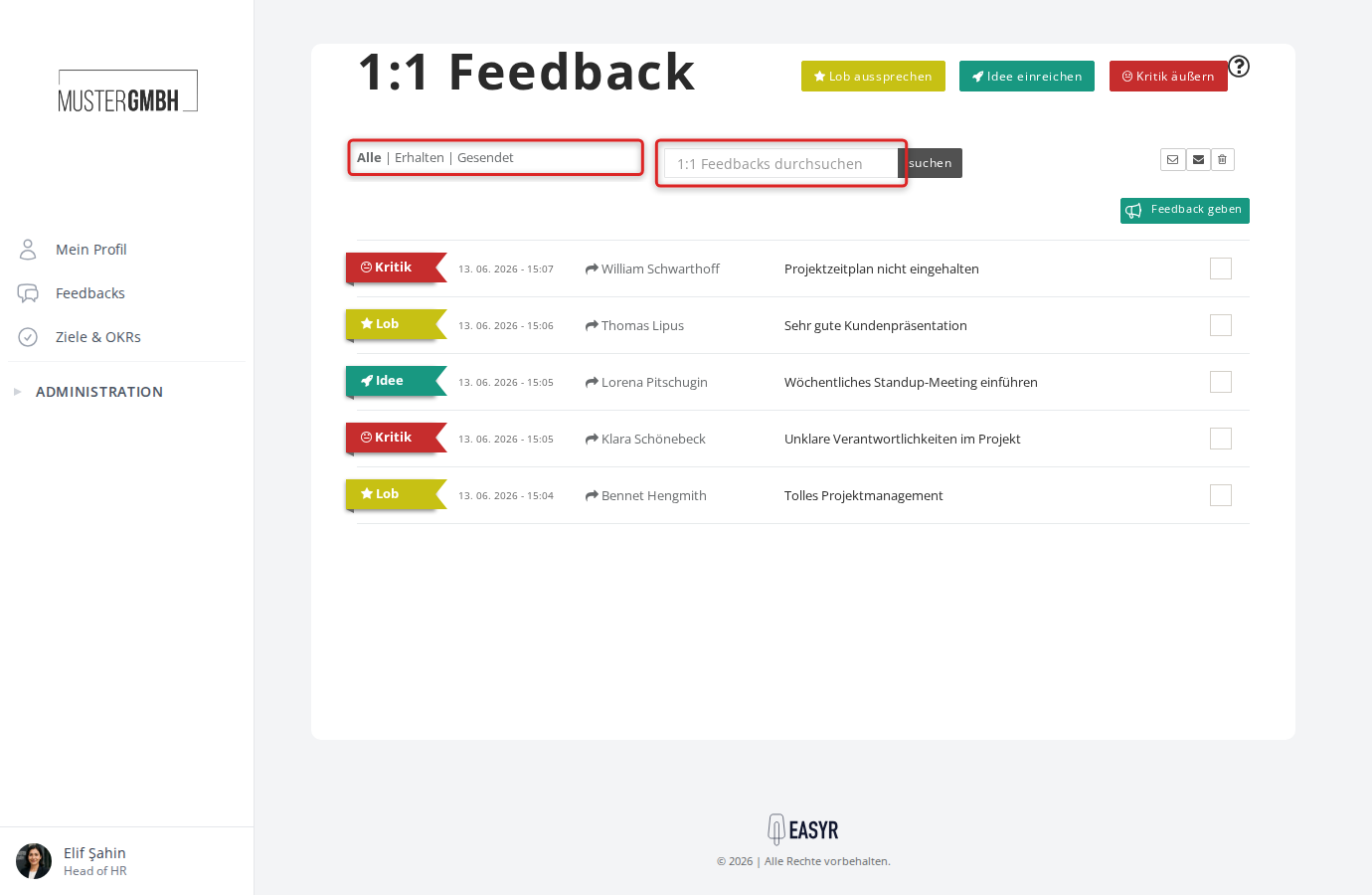 1:1-Feedback-Seite mit Suchfeld, Filtern und Feedback-Liste
