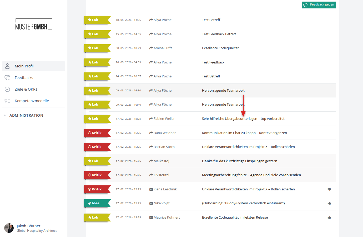 Feedback-Liste mit markiertem Betreff-Link