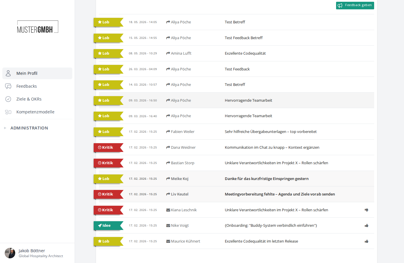 Feedback-Liste im Tab 1:1 Feedbacks