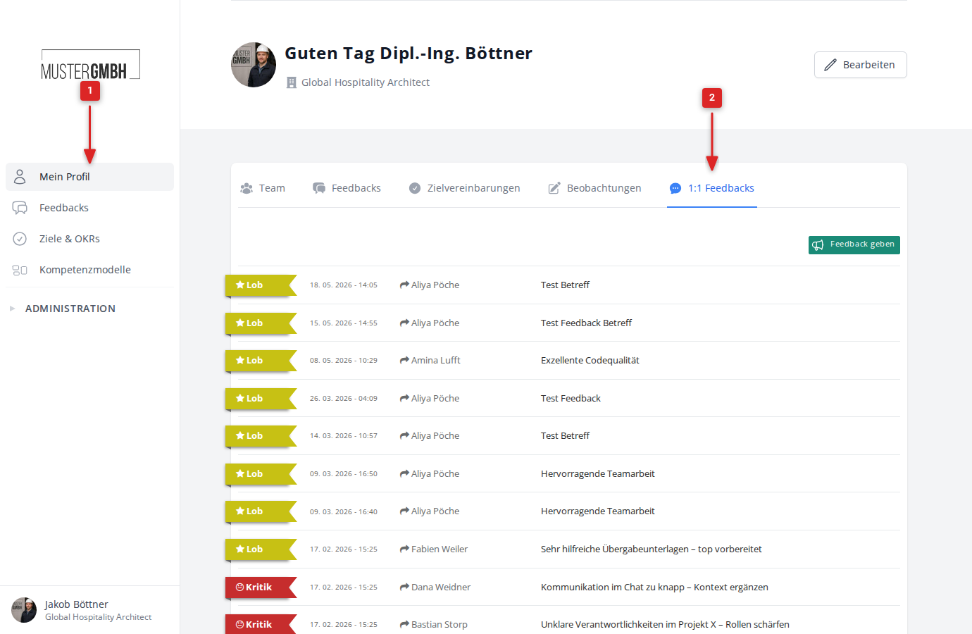 Profil mit markiertem Tab 1:1 Feedbacks