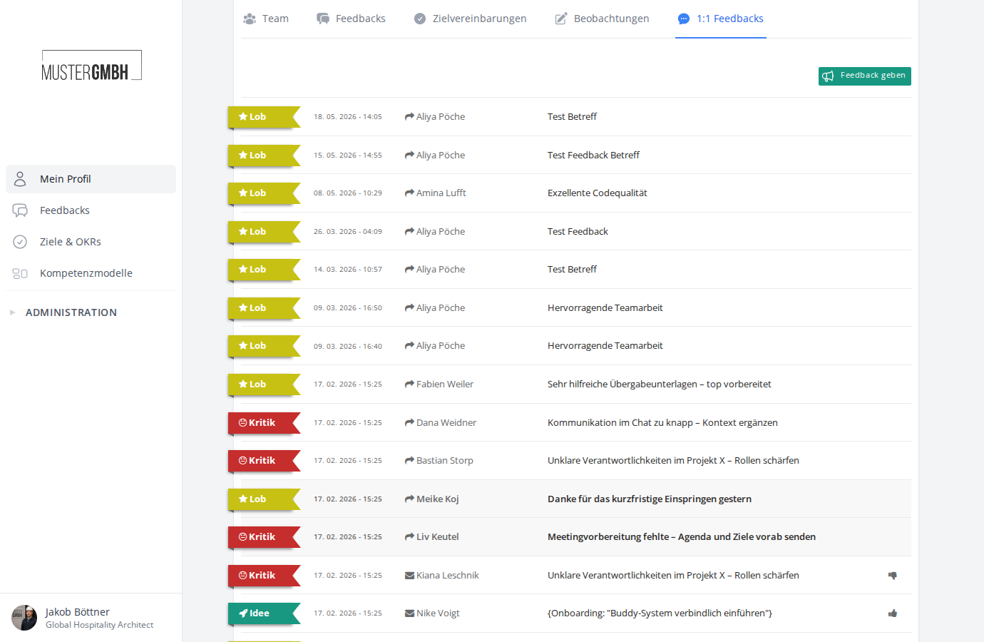1:1-Feedback-Übersicht mit Feedbackliste