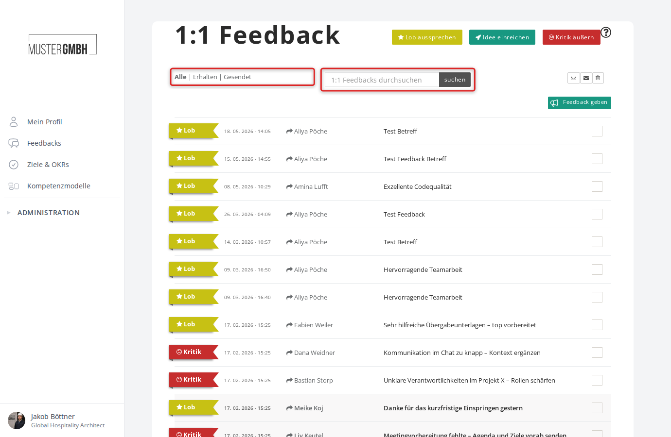 1:1-Feedback-Seite mit Filteroptionen