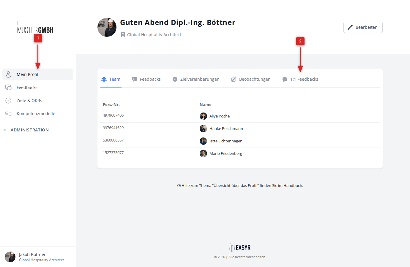 Profil mit Tabs und hervorgehobenem Tab 1:1 Feedbacks