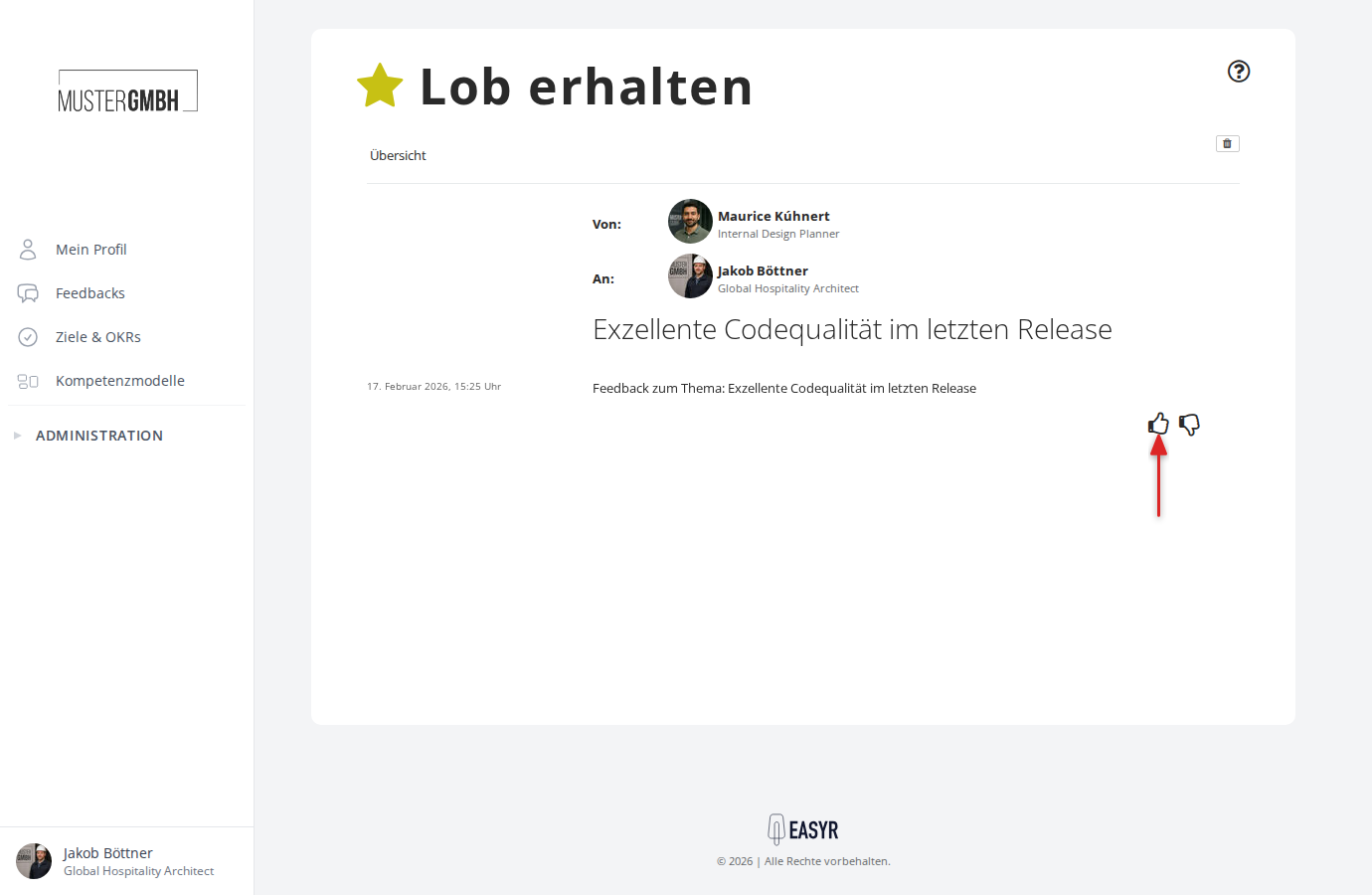 Detailansicht eines empfangenen Lob-Feedbacks