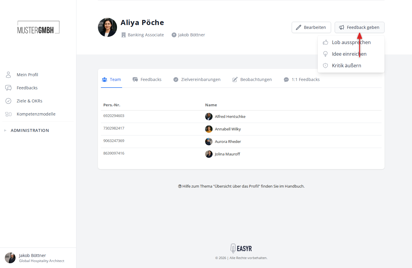 Feedback-geben-Dropdown auf dem Mitarbeiterprofil