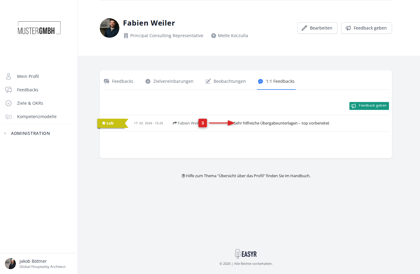 1:1 Feedbacks-Liste auf dem Mitarbeiterprofil mit einem Feedback-Eintrag