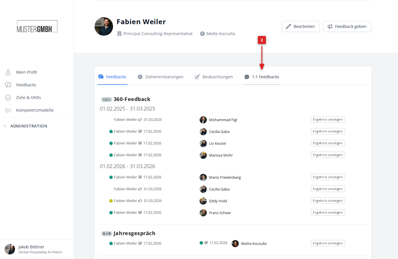 Mitarbeiterprofil mit markiertem Reiter 1:1 Feedbacks