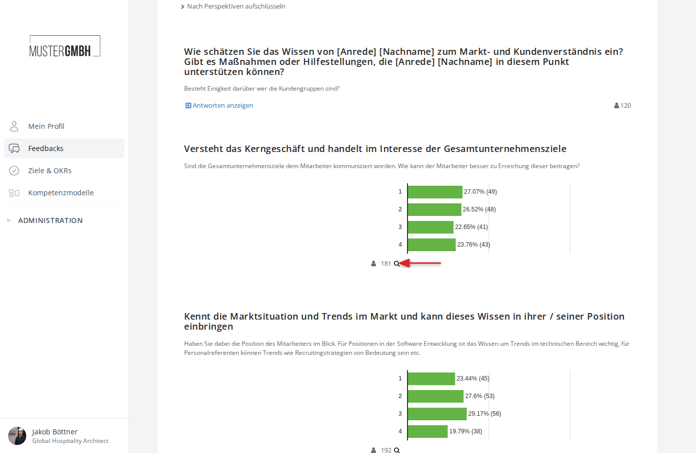 Balkendiagramm einer Bewertungsfrage mit Prozent- und Absolutwerten