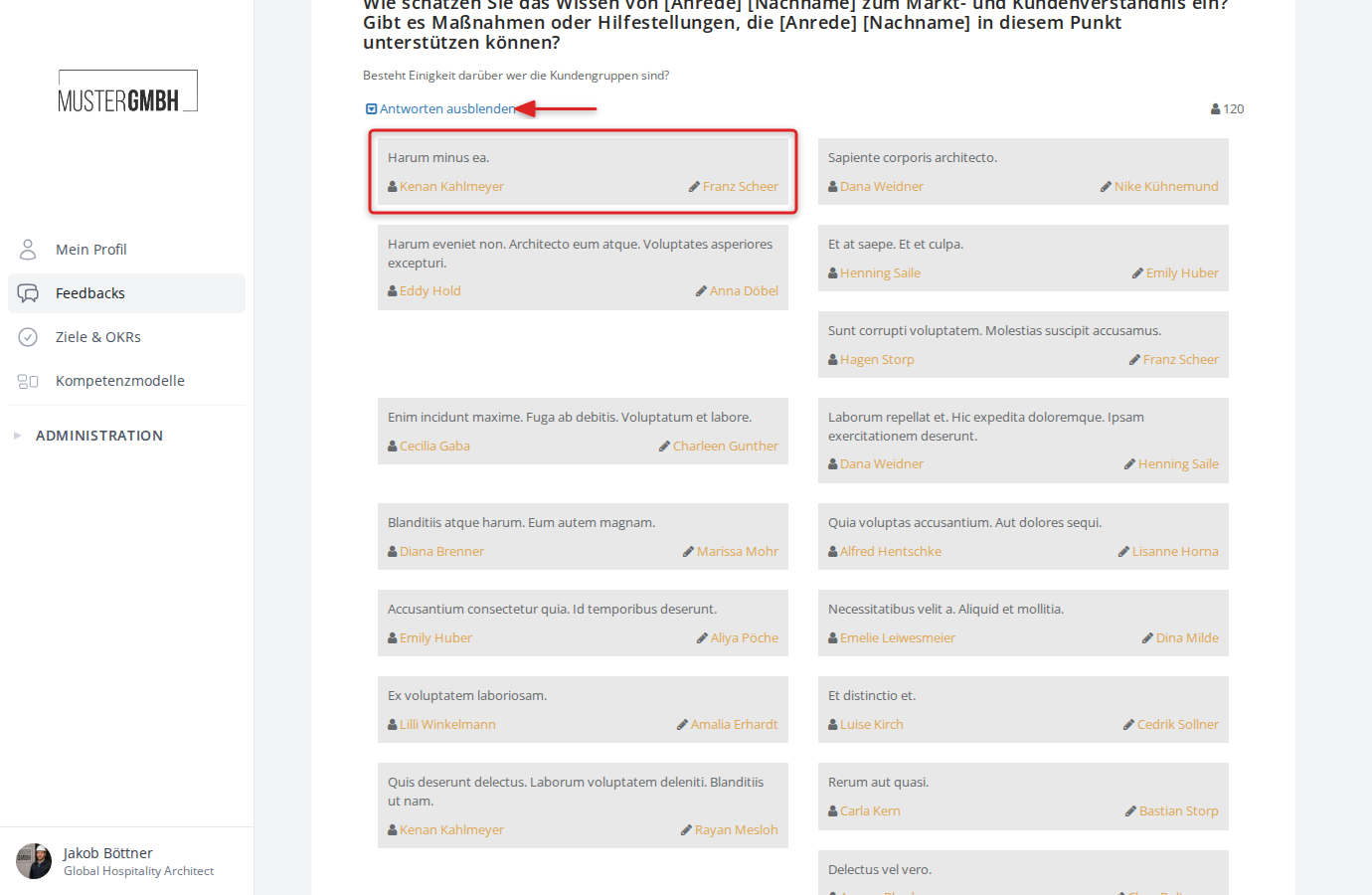 Aufgeklappte Textantworten mit Feedback-Empfänger und Feedback-Geber