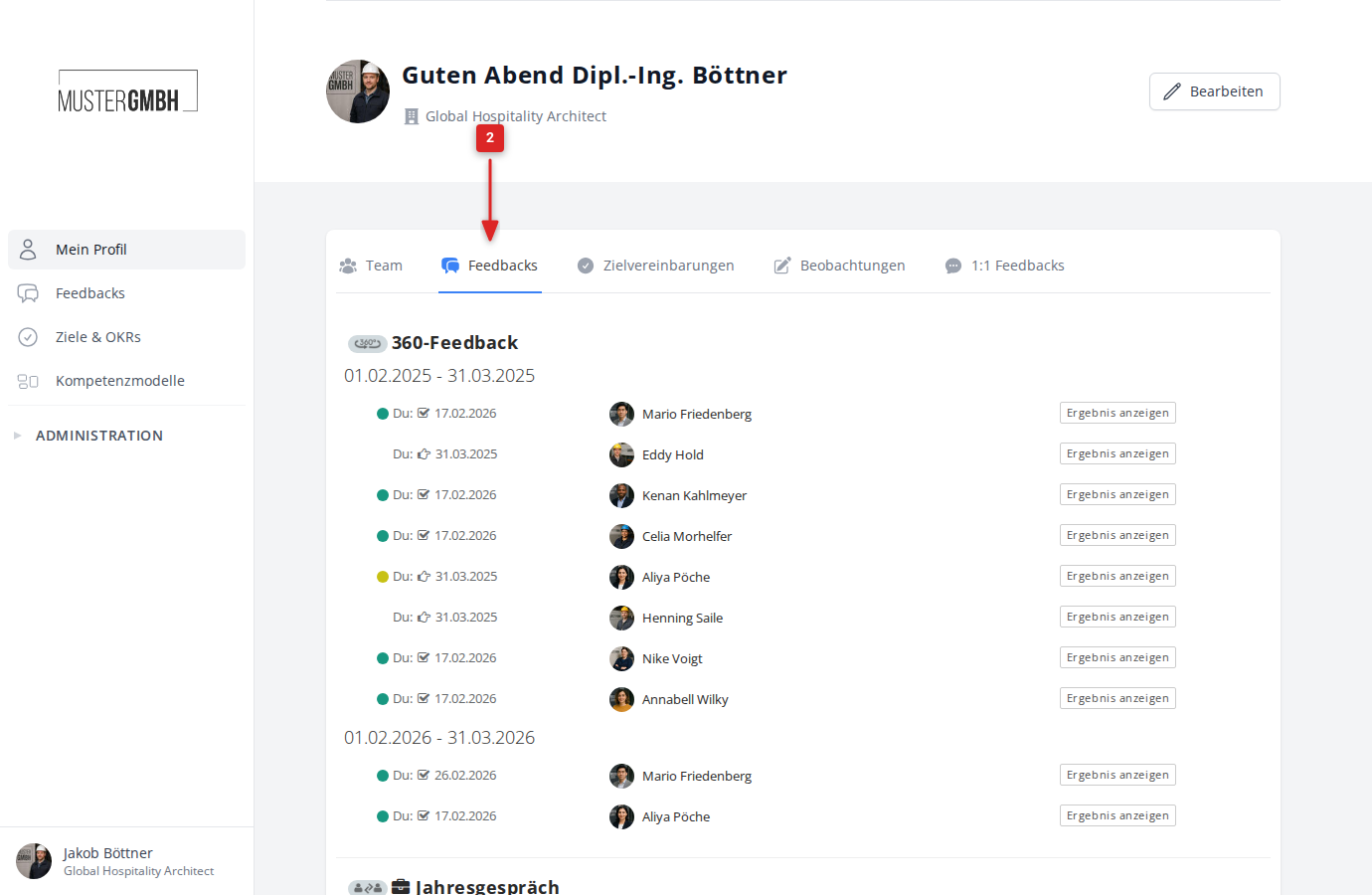 Reiter Feedbacks im Mitarbeiterprofil